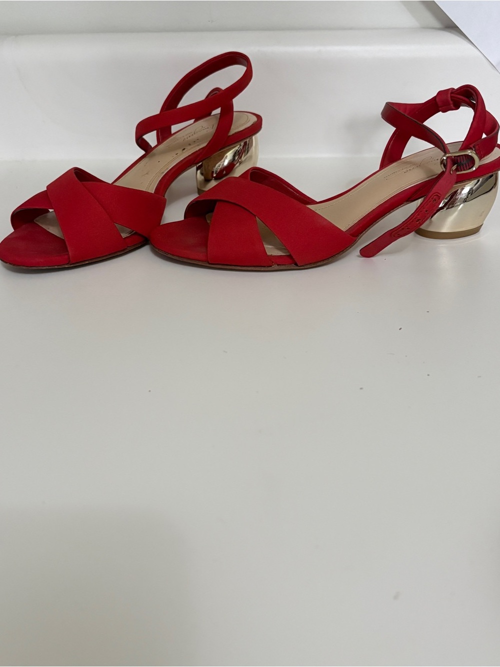 Vince Camuto Red Strappy Sandals with Gold Block Heel